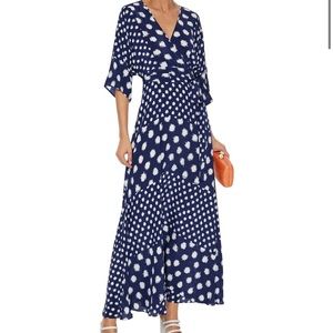 Diane Von Furstenberg Maxi Wrap Dress- Batik, Polka Dot, Navy and Cream, Size M